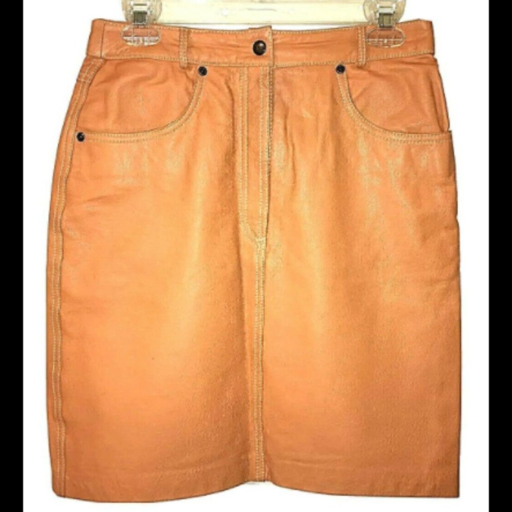 Lloyd's Skirt Leather Tan Orange Vintage Sz 11 Center Heavy Duty Zipper Pockets